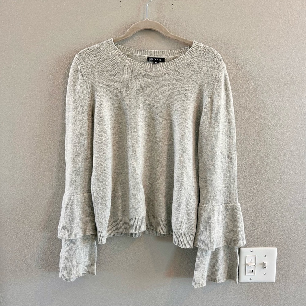 Women’s J. Crew Gray Ruffle Tiered Bell Sleeve Sweater. Size Medium